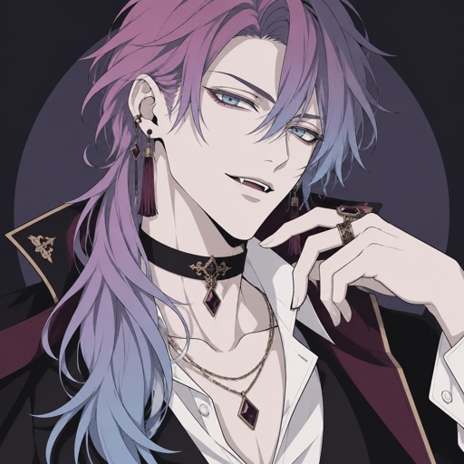 Male, pale, vampire, thin, light blue eyes, cheekbones, medium length brushed hair, all back hair over right shoulder,  bangs, pinkish purple and light blue hair gradient, tassel earrings, jewelry, dress shirt, choker, smirk