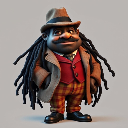 Create a funny fat character similar to Sherlock Holmes, but make him of black decent and with dread locks. Show his whole outfit including his shoes.