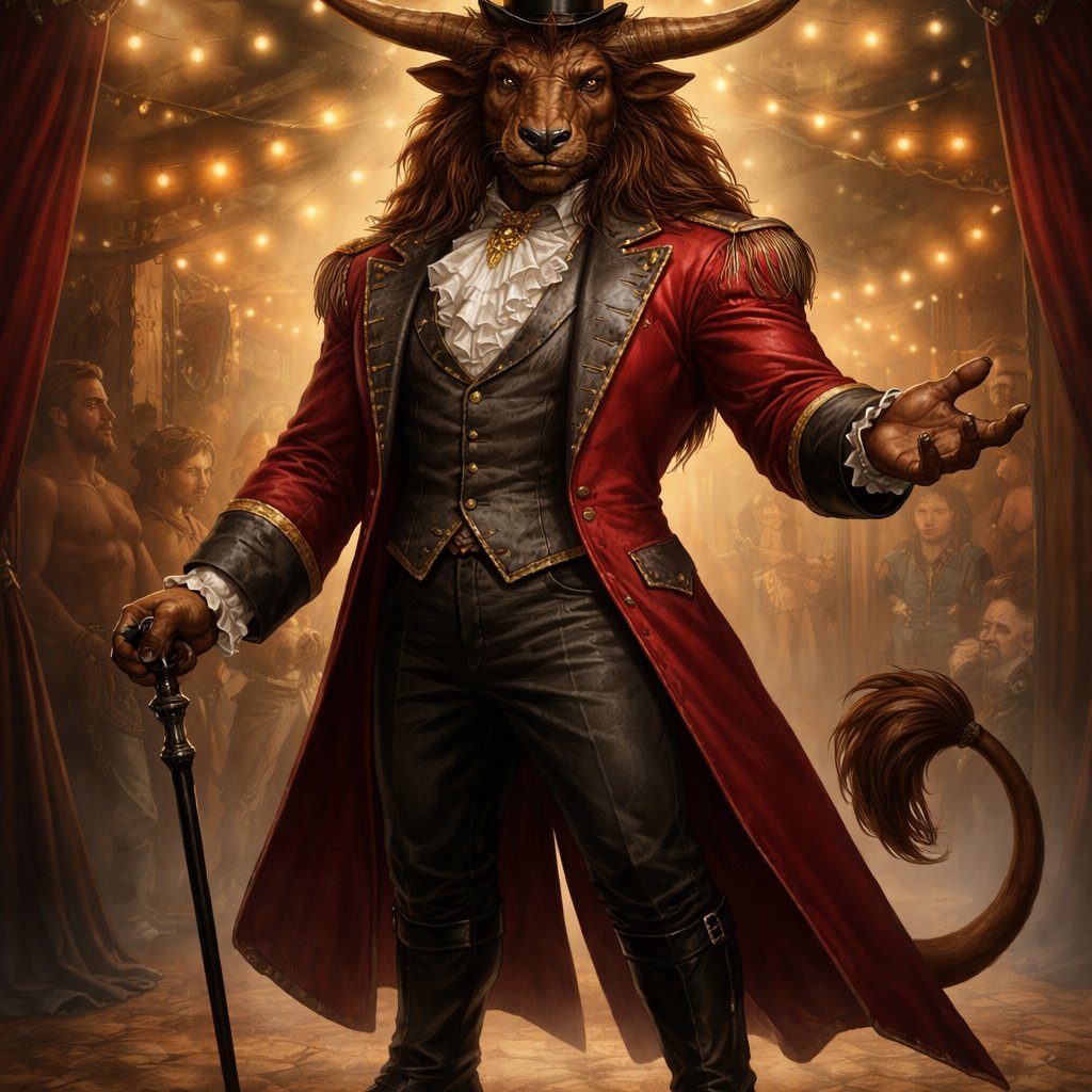 A captivating chestnut brown male Minotaur that’s 6 1/2 feet tall with well~proportioned figure/body with deep set cattle like brown eyes, large powerful gleaming horns like his fathers, a , long tail. He works at freak show as the ringmaster and his abilities are Reality Rejection, Time Manipulation (Chronokineses), Zoolingualism (Language of Cattle only), Human Speech. His outfit consists of a crimson tailcoat, frilly shirt, stunning grey blazer, black pants and top hat.