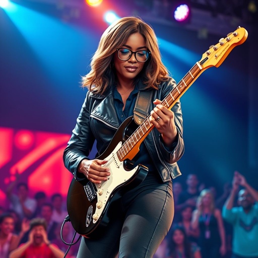 An African American woman with glasses shoulder length brown hair with highlights in a side part style wearing black leather jacket with blue accents black jeans a dark blue shirt on a stage playing a left handed Flying V electric guitar with a band