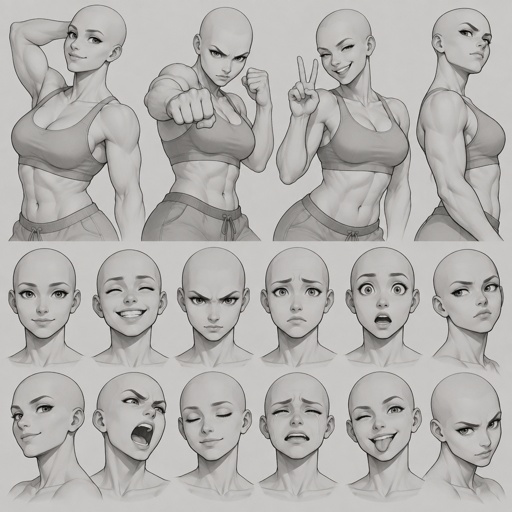 Different face expressions female slightly buff half body drawing base, dynamic, bald, head face expressions