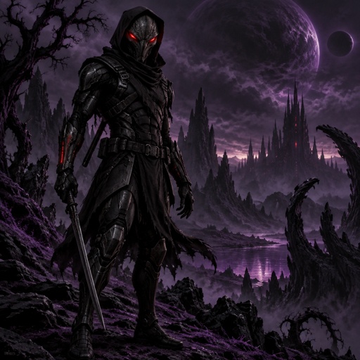 A alien in a futuristic black ninja Assassin space suite. On a dark purple planet background 