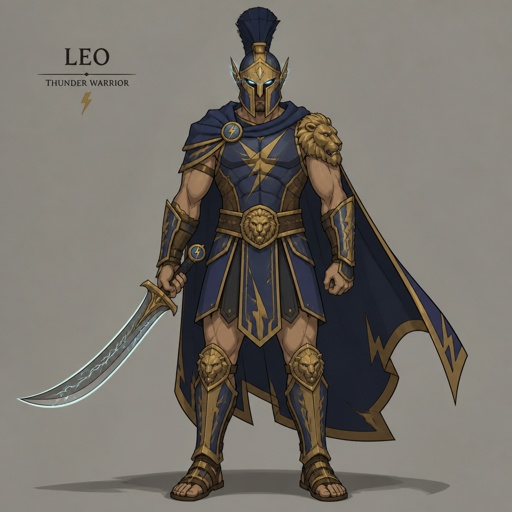 thunder warrior named leo, curved sword, crested helmet
