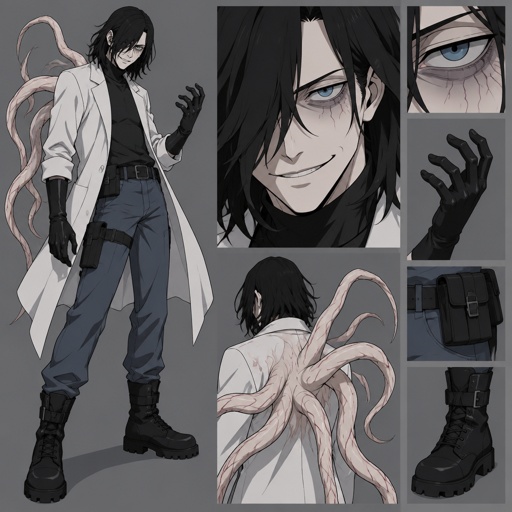 Male, black messy greasy hair, straight shoulder length hair in the back, long hair in the front covering one eye, blue eyes, eye bags, veins under eyes, pale tendrils coming out of back with veins, blue pants, boots, black rubber gloves, scientist jacket, belt with pouch, evil smile