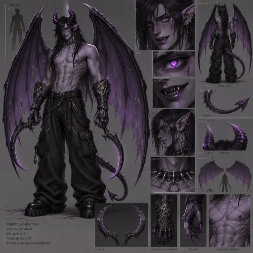 Holding tow curved sickles handsome and seductive. has a six pack is 8 feet tall eyes are purple and pupils are heart shaped His nipples are pierced Ears pierced and slightly pointed has clause They are purple is wearing baggy, black jeans, has scars all over his body is wearing iron gauntlets with pentagrams on them has purple saliva dripping from his mouth has sharp teeth has extremely dark purple demon, wings, demon horns and demon tail. His demon tail is 4 feet long. His demon horns are 8 inches long and his demon wings are 10 feet wide. He looks extremely slim and has a very pale purple color to his skin is wearing no shirt and has a spiky collar made out of titanium around his neck. he has long hair.