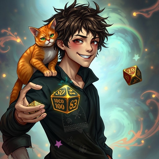 Guy with short dark brown hair with black sweatshirt. He has 1 orange cat on his right shoulder. He holds 2 epic looking 20 sides dice in left hand