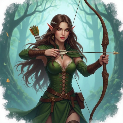 Women tree elf with long brown hair and brown eyes in the woods in a Halloween costume holding a long bow and a dragon 