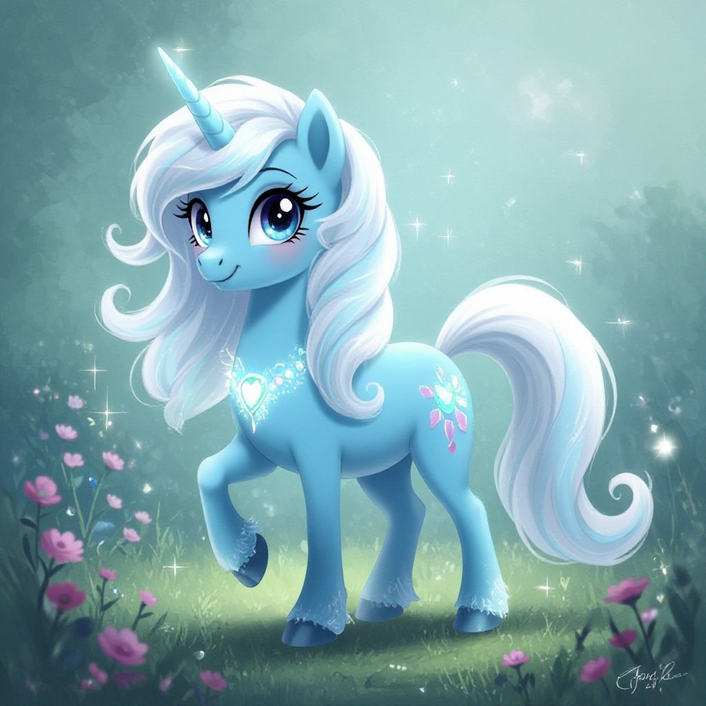 A light bleu my Little Pony with a white mane and tail and a glowing cutie Mark 