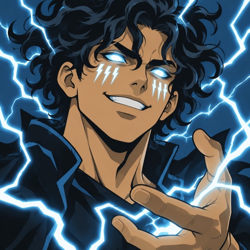 Male,lightning colored curly longer hair sticking up at bottom lightning hair Static Electricity ,grinning,white eyes with light blue in the middle,six lightning mascara down face, lightning powers 
