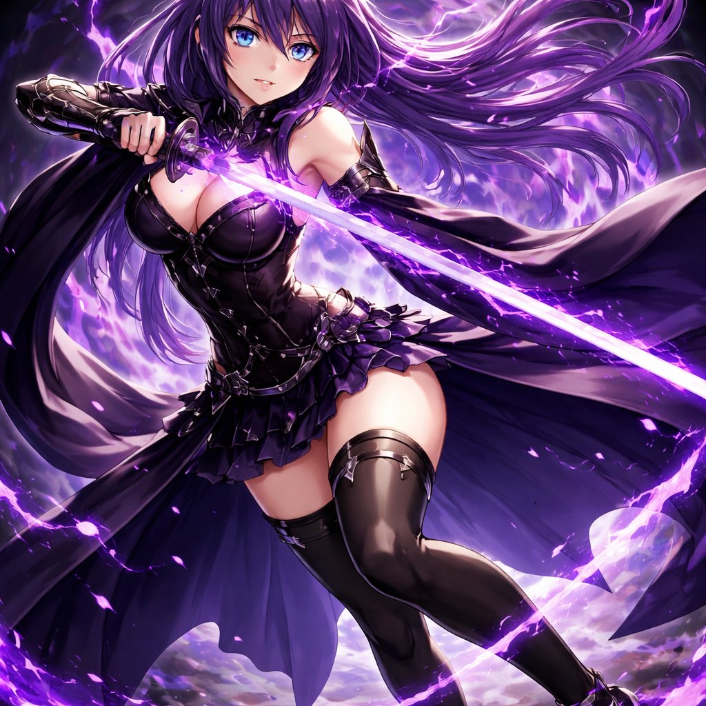 Full-body view of an anime-style female character with long purple hair and bright blue eyes. Slim athletic body, larger breasts, toned physique, and a well-shaped medium-sized butt. Her entire body is visible from head to toe in a dynamic pose. She wears a flowing cloak on her back and wields a katana surrounded by a glowing purple aura. Dark purple and black outfit, elegant yet edgy design. High-quality anime illustration, sharp details, dramatic lighting, fantasy action character.