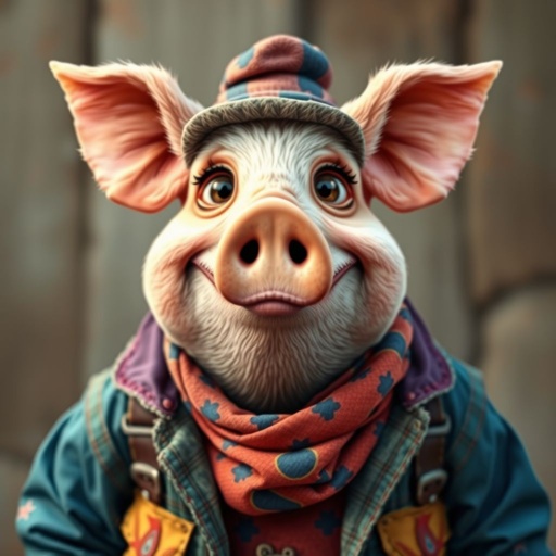 Create a funny looking pig man in the world, with a not so stylish outfit head to toe