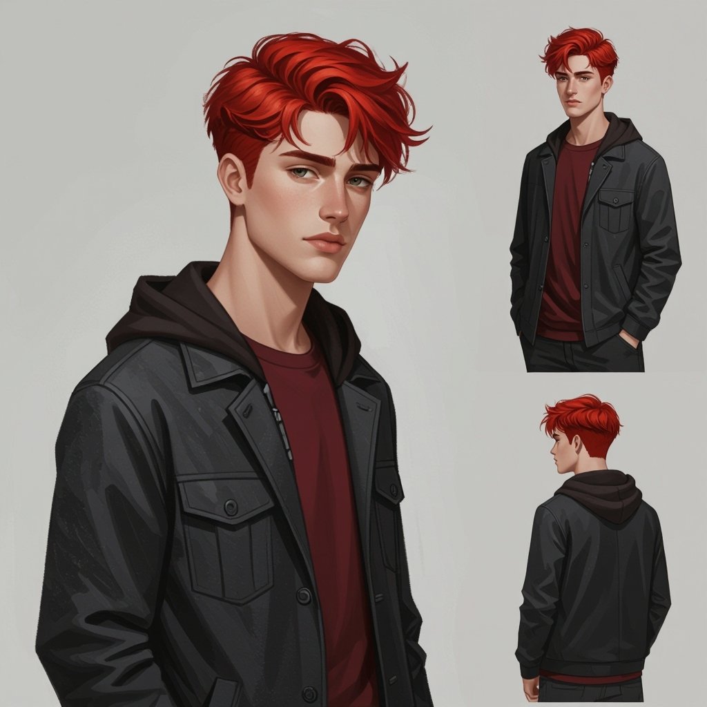 Male 18-year old dyed red hair dark grayish and red and black clothes  