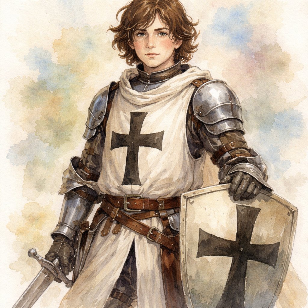 A squire with white armour, a black cross on the armour and no helmet
