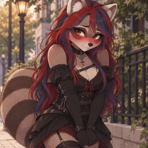 a woman in a cosplay with red hair and a raccoon tail
