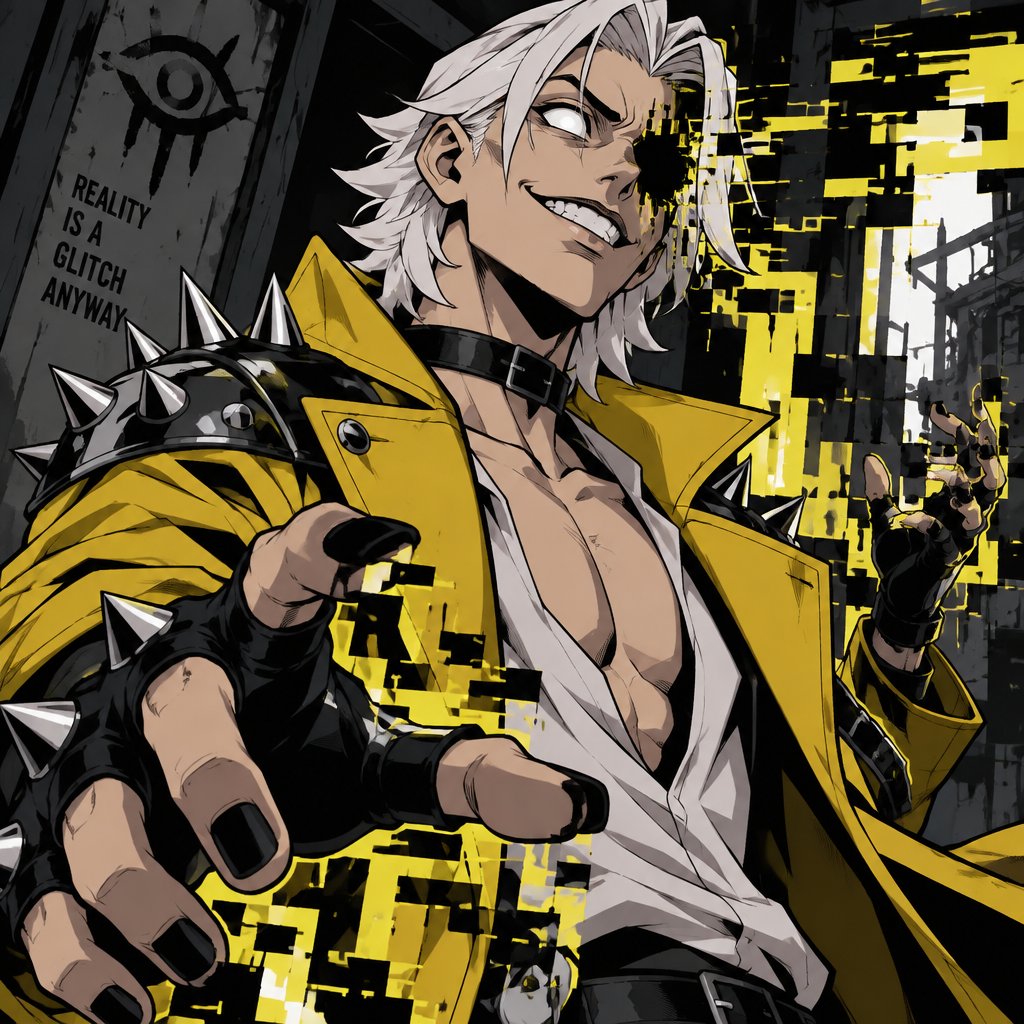 Male, cheekbones, white hair, smooth on top spiky on the bottom, neck length, white eyes, yellow trench coat, metal spike shoulder pads, black choker, low cut white shirt, fingerless gloves with spikes, insane smile, glitch powers, one missing glitchy eye