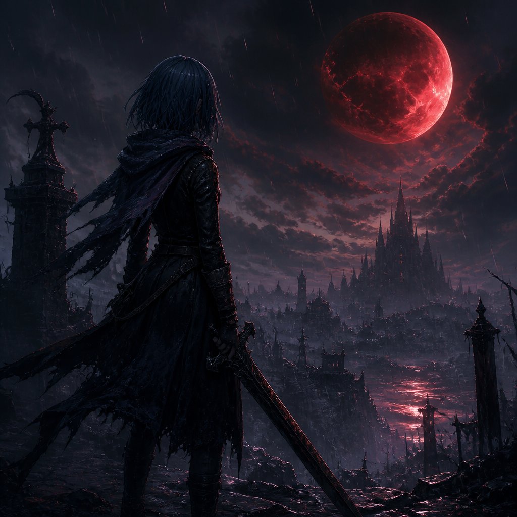 girl with long bob dark blue hair scarf sword looking at the moon in the rain
