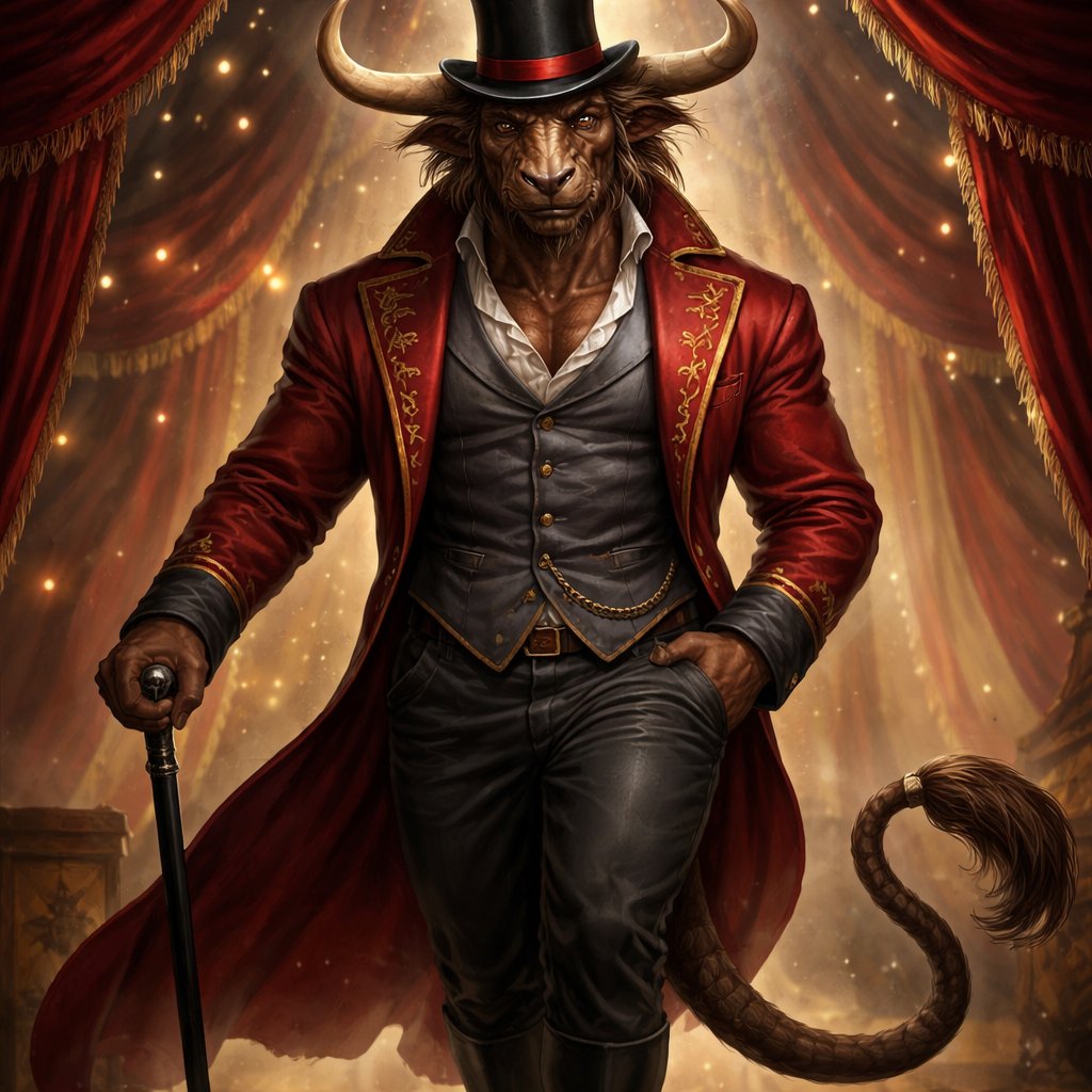 A captivating chestnut brown male Minotaur that’s 6 1/2 feet tall with well~proportioned figure/body with deep set cattle like brown eyes, large powerful gleaming horns like his fathers, a , long tail. He works at freak show as the ringmaster and his abilities are Reality Rejection, Time Manipulation (Chronokineses), Zoolingualism (Language of Cattle only), Human Speech. His outfit consists of a crimson tailcoat, grey blazer, black pants and top hat.