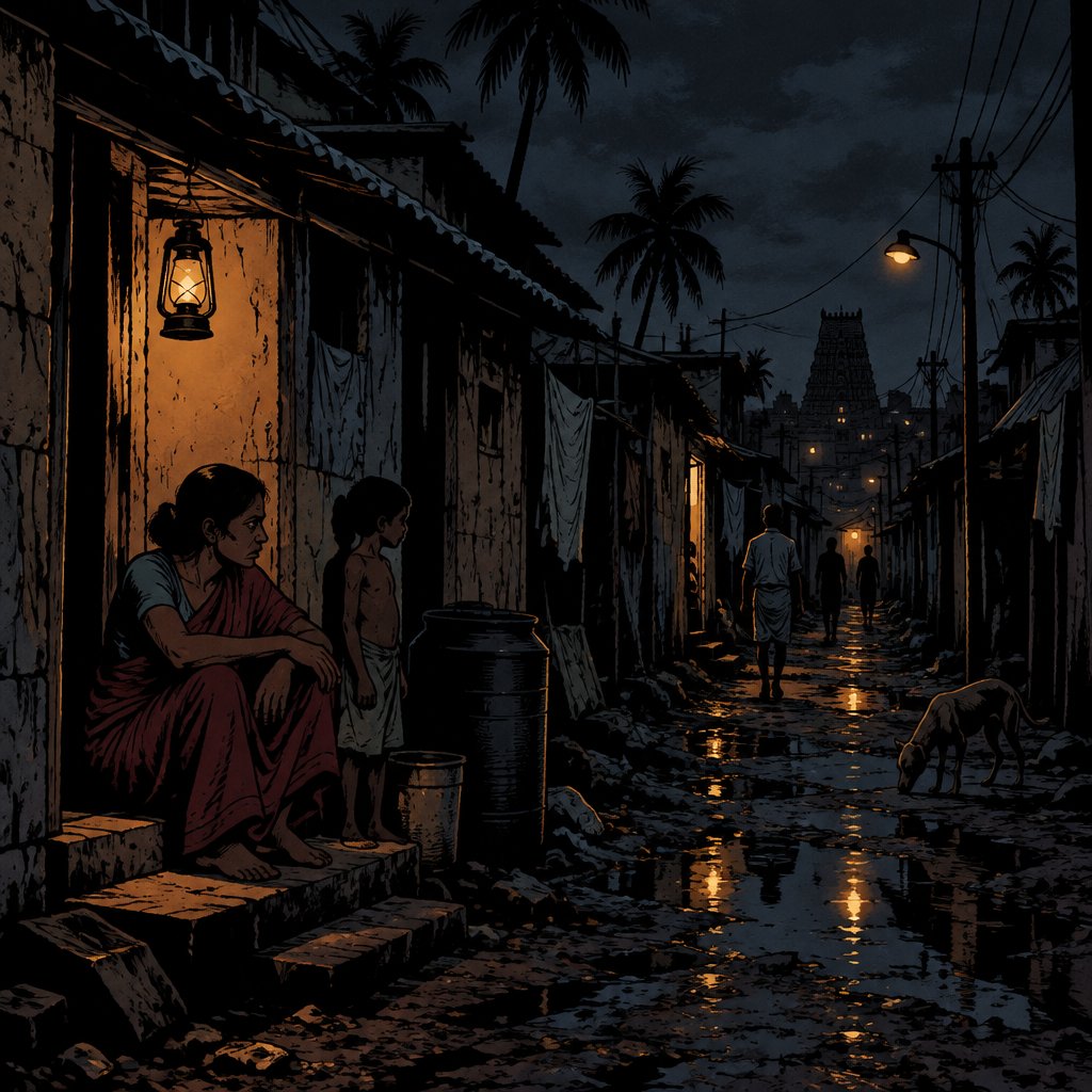 No speech bubbles no print dots, highly realistic a slum in the south late evening very dark