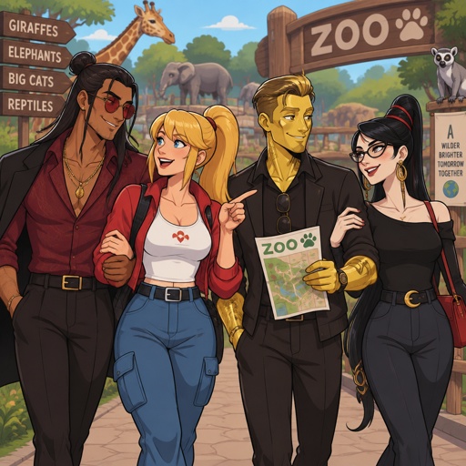 Kado Thorne from Fortnite pale and tan white hair medium length back hair bun clean shaven, Samus Aran zero suit, Midas from Fortnite normal skin, Bayonetta from super smash bros short hair, all the zoo, all wearing casual clothes, double date 