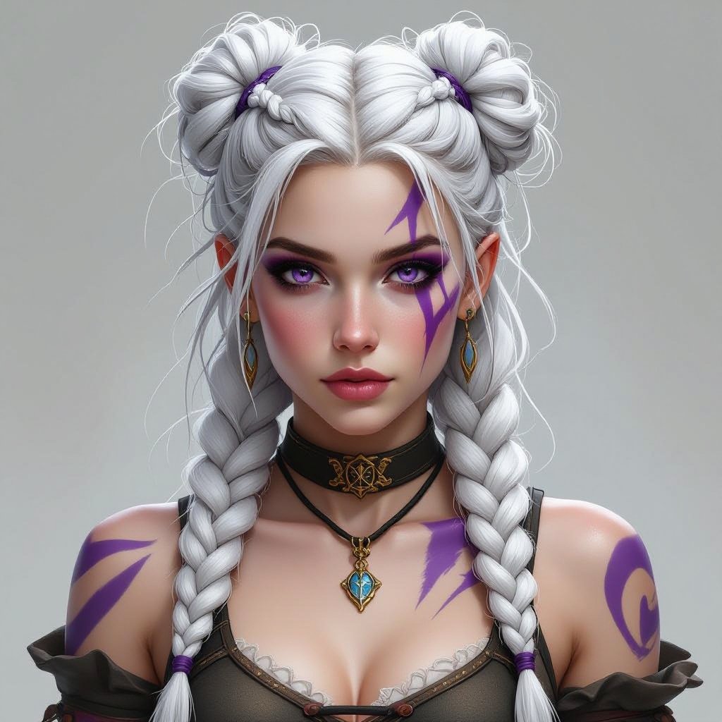 A female Goliath dnd character who has white messy battle buns and braided hair and fair pale porcelain skin with purple streaks across her face and body and deep violet purple eyes