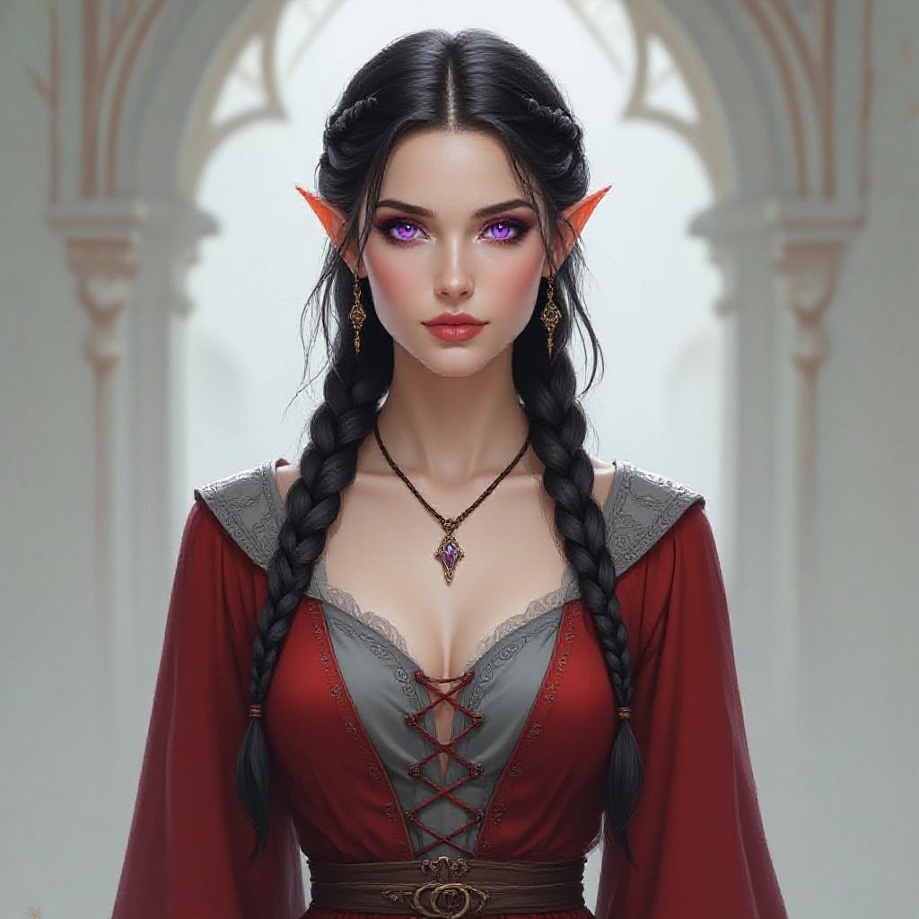 Pale human woman. Dark braided hair. Violet eyes. Short and lean build. Wearing a red and grey dress.