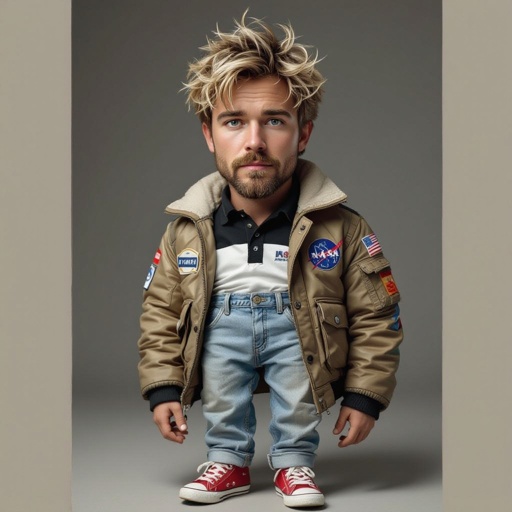 man with Dirty Blonde Unkempt Hair and Goatee.  Astronaut Flight Jacket Black And White Polo and Light blue denim jeans with red sneakers