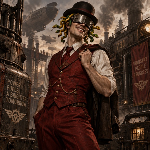 Male, white button up shirt, red open vest, red pants, bowler hat, metal covering eyes, big smile, yellow and green snake hair short