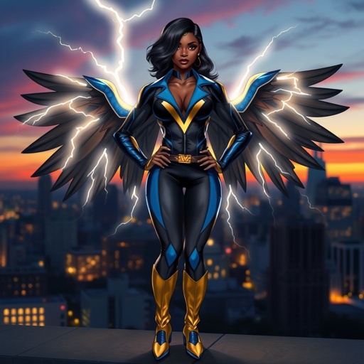 African American female superhero with shoulder length hair in a side part style and wings made of white lightning wearing a slightly homemade white blue and black suit with black pants with a stylized V as her chest emblem wearing blue flat boots made of gold standing in Philadelphia at dusk