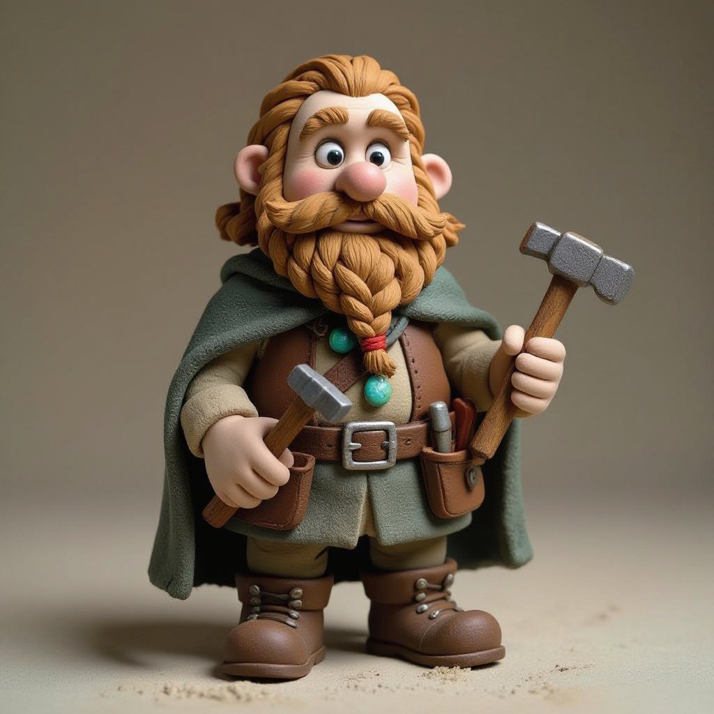 Create a stocky dwarf with a weathered face, braided beard tucked into his belt, and straw-tousled hair. Wears a soot-stained cloak over a leather smith’s vest, tool belt with hammer and chisels, heavy boots. Subtle turquoise rune glow from a pebble at his neck,
