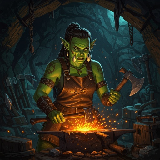 A female half orc blacksmith wearing a leather apron