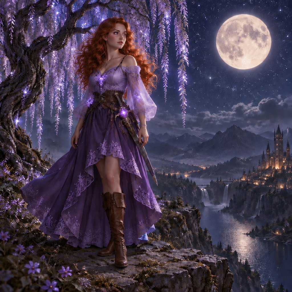 a woman in a purple dress standing on a cliff
