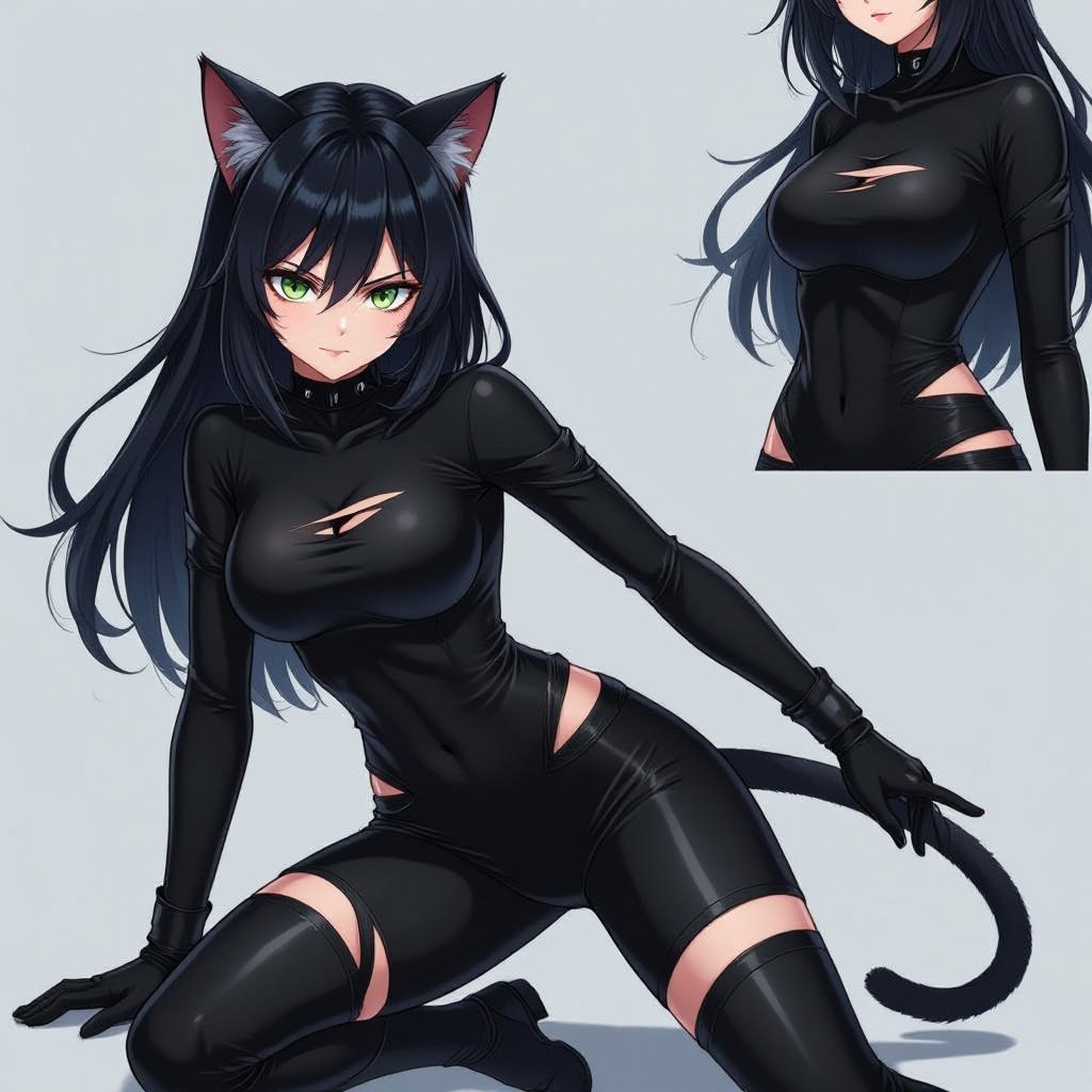 Cat Burglar In tight black spandex suit torn and ripped a lot