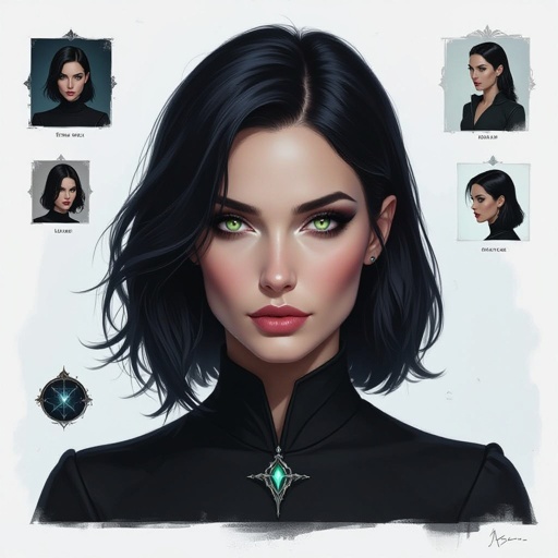 Show character head to toe. Create a mid age fantasy woman jet-black hair is cut sharpand her eyes seem to pierce through darkness. A shadowy aura clings to her form,