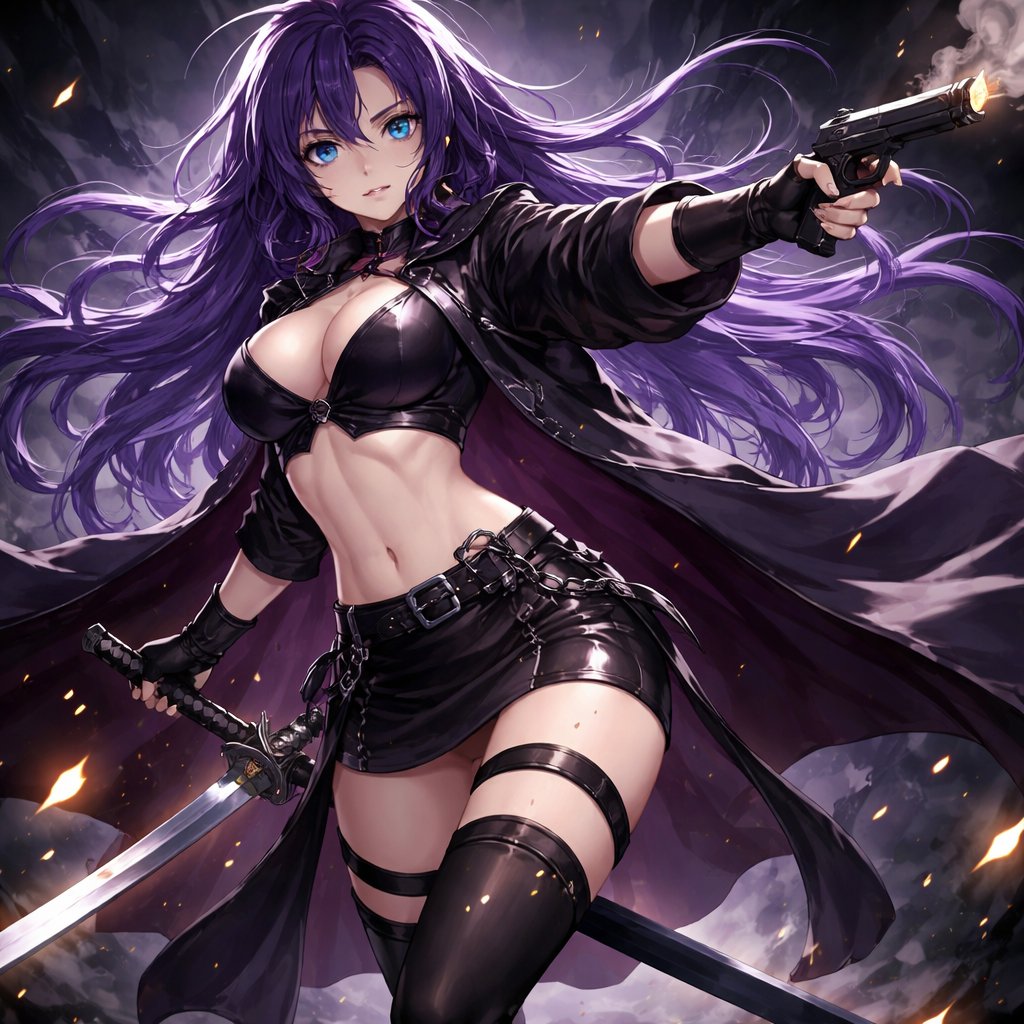 Full-body view of an anime-style female character with long purple hair and bright blue eyes. Slim athletic body, larger breasts, toned physique, and a well-shaped medium-sized butt. She is standing in a dynamic pose, with her entire body visible from head to toe. A flowing cloak on her back, a katana sword, and a belt with a pistol attached. Dark purple and black outfit, stylish and edgy design. High-quality anime illustration, sharp details, dramatic lighting, fantasy action character.