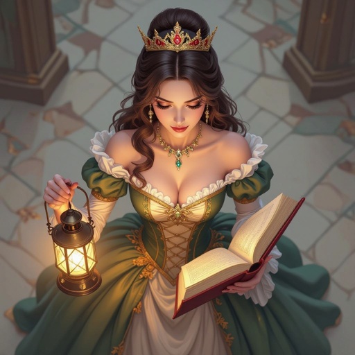 top view, battle map view, aerial view, woman, fancy dress, crown, holding a lantern, holding books, looking down, no background, stop looking up, top view, view of the top of her head, carrying books, looking down