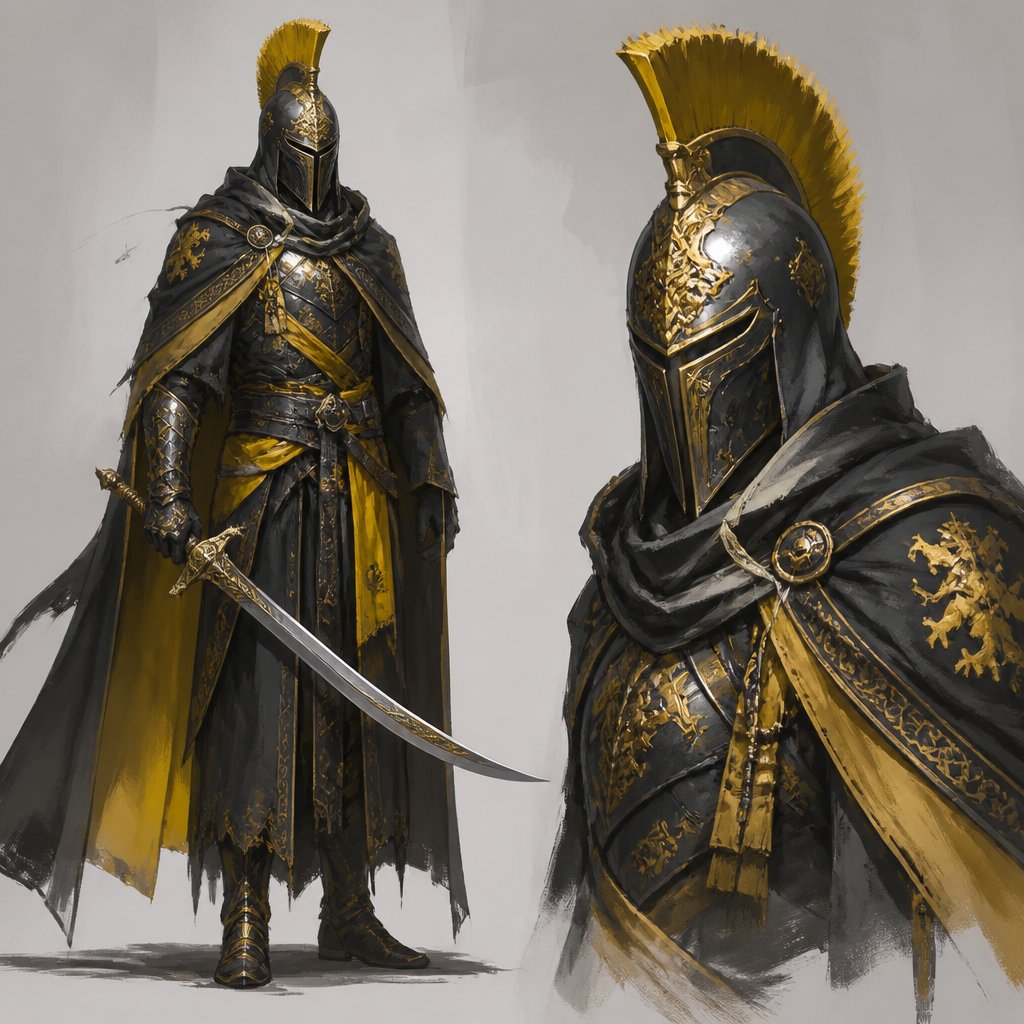 assassin, curved sword, crested, helmet, colors black yellow grey silver gold, luminous lord