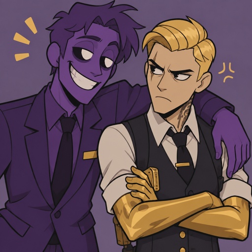 William afton arm around Midas from Fortnite’s shoulder, Midas is mad