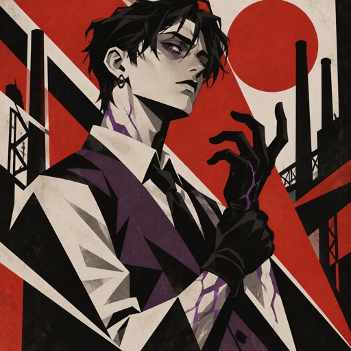 Male, slim, slight eye bags, black messy hair, back hair, brushed side hair, strands of hair in the middle of forehead, ear piercing ring, gloves, purple glowing veins, purple vest, white shirt, no facial hair, bad guy,