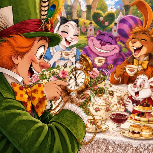 a cartoon of a mad tea party with mad tea party characters