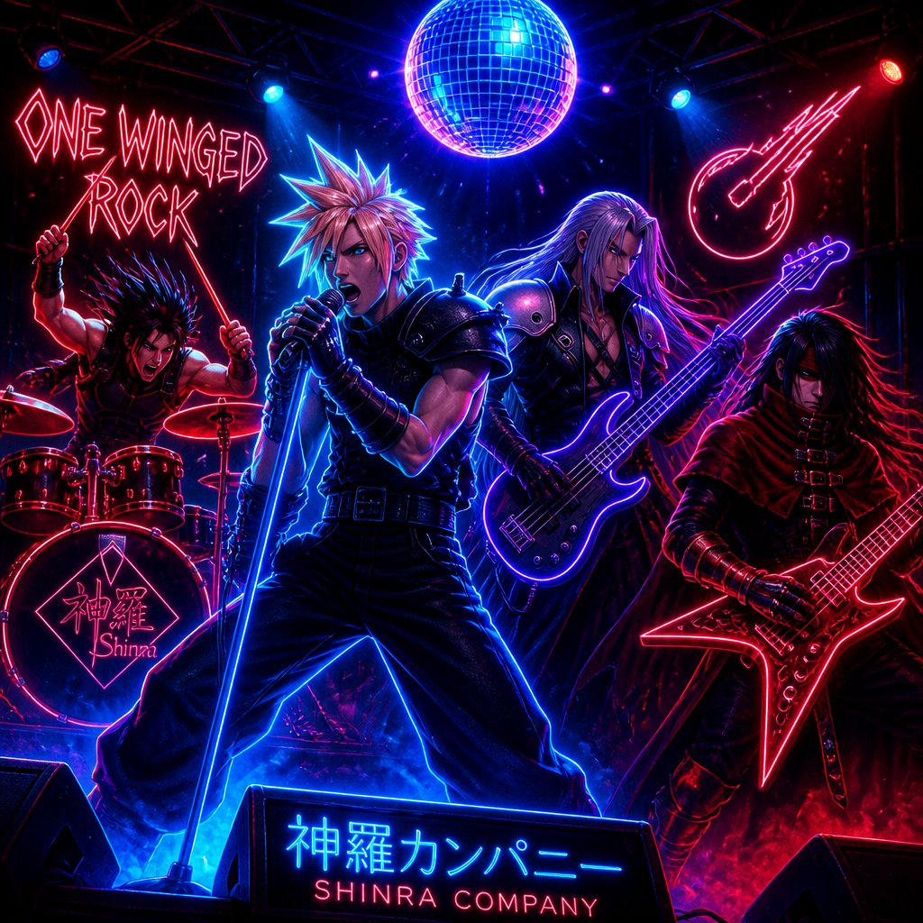 Cloud Zack Sephiroth and Vincent from ff7 cloud singing heavy metal and Zack aggressively playing drums Sephiroth viciously playing base and Vince viciously playing the guitar on a stage with a disco ball