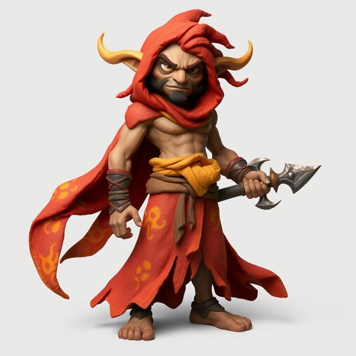 Create handsome hero  Rhen the Fire – A lean, muscular man. He wears layered, flowing desert robes dyed in warm reds and golds, with scorch marks where flames have licked them. A curved blade hangs at his hip.  Show whole body head to toe including her shoes.