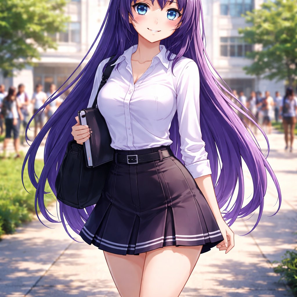 Full-body view of an anime-style female university student , with her head clearly visible. Long purple hair and bright blue eyes, slim and elegant build. She is wearing a classic white button-up blouse and a short skirt, stylish and tasteful. Dark purple and black accents in her outfit. She is standing confidently on a school campus. Background shows a university building and students in the distance, softly blurred and fading, not drawing attention away from the character. No weapons. High-quality anime illustration, clean lineart, detailed shading, depth of field, soft dramatic lighting, modern anime character design.