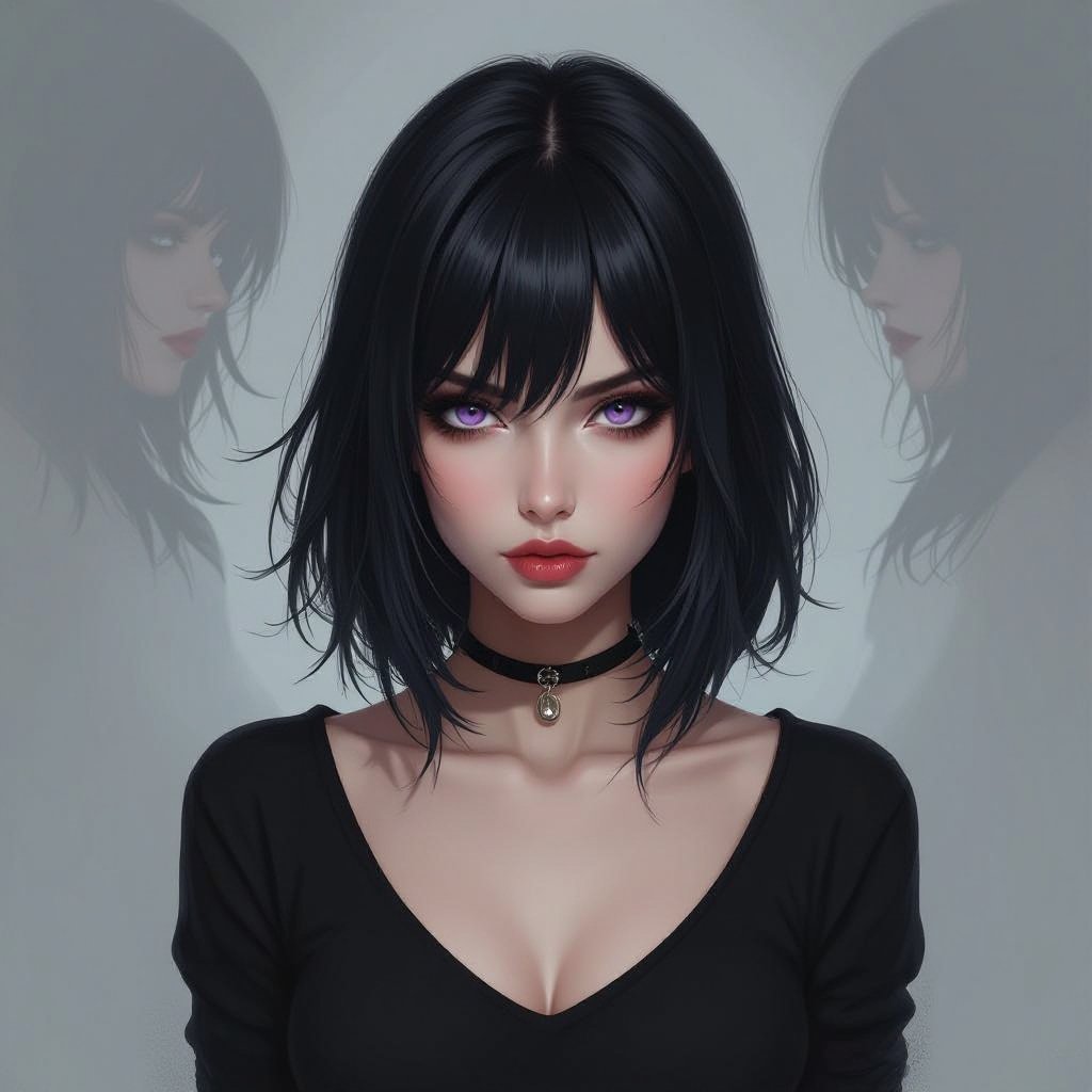 Show her entire body. Create mysterious woman jet-black hair is cut sharp to her jawline, and her violet eyes seem to pierce through darkness. A shadowy aura clings to her form, faint shapes shifting and flickering behind her like whispers of another realm. Show whole body head to toe