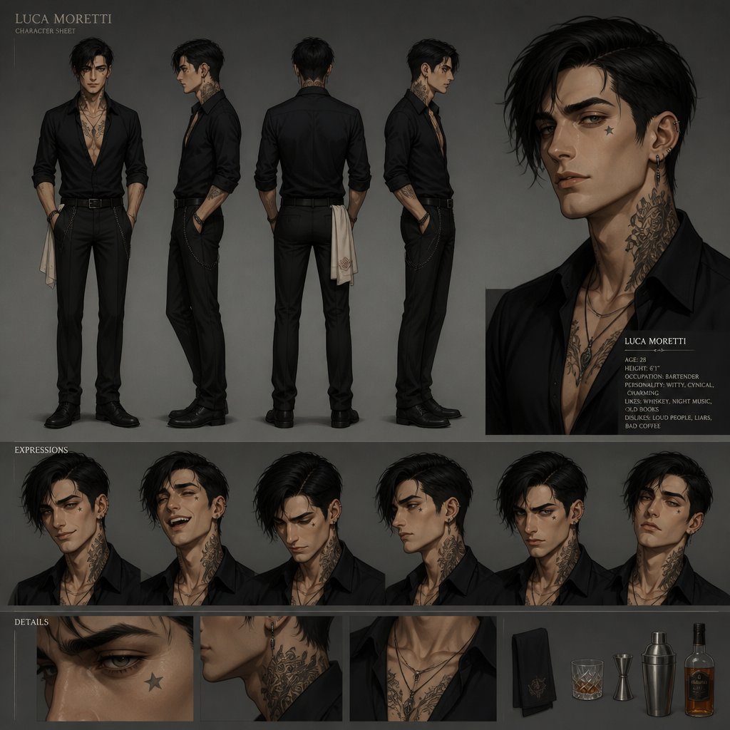 Male, thin, black side swept hair, neck tattoos, low cut shirt, star tattoo under eye, cheekbones, bartender, ear piercings, multiple of the same character