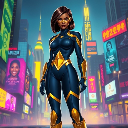African American female superhero with hair in a shoulder length side part hairstyle with pure Gold Glowing eyes wearing a navy blue and gold accented suit with navy blue pants and gold knee length boots with a diamond with the top half gold and the bottom half black as her chest emblem in Philadelphia