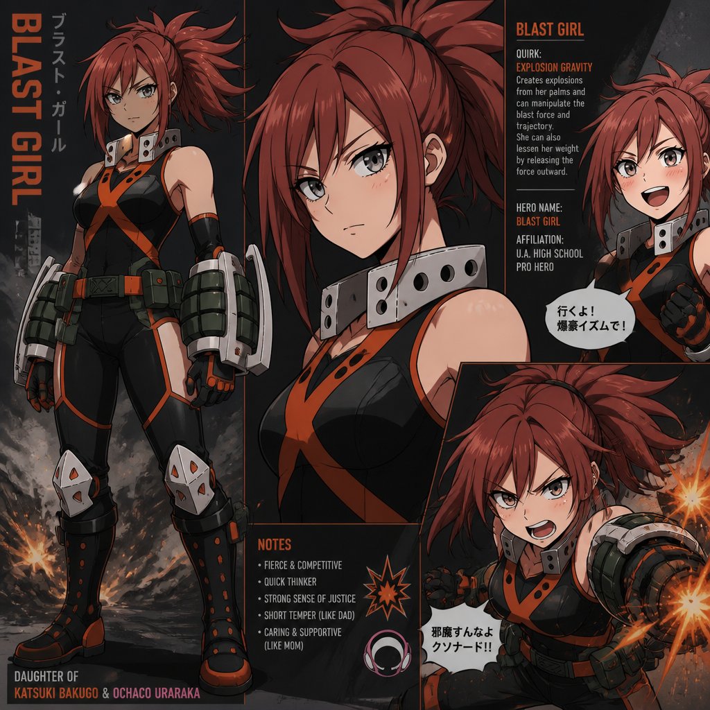 Adult girl with ash red hair and ash gray eyes wearing pro hero outfit and the daughter of Bakugou and ochako from my hero academia