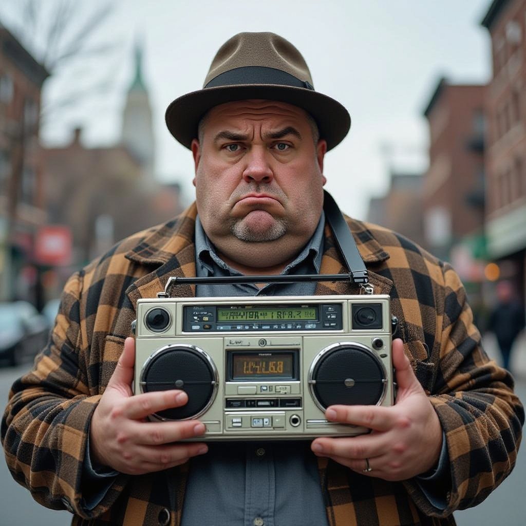 Create a funny fat guy who isnt friendly from New York  has a boom box radio , make the graphics not human 