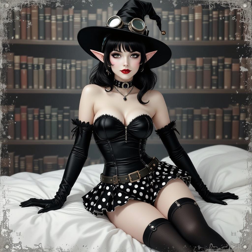 Dark Brunette Elf Witch Librariani with With Hat. Strapless Bathing Suit Top and Black and white Polka Dot Mini Pencil Skirt laying on Library Bed