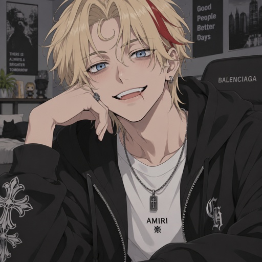 Male, blonde smooth near hair curl on forehead, red streak in hair, scar on lip, blue eyes, eye bags, happy, designer, casual clothes