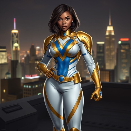 A young African American female superhero with shoulder length hair in a side part style wearing a slightly armored gold and white suit with blue accents with white pants and gold boots with a stylized V as her chest emblem standing ona roof in a Philadelphia at night